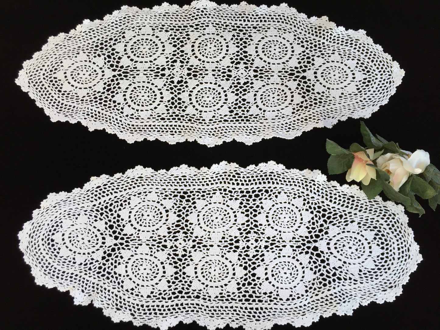 Pair of Oval Vintage Crocheted White Chunky Cotton Lace Table Runners