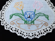 Load image into Gallery viewer, Vintage Hand Embroidered Off-white Linen Doily with a Basket of Tulips and  Ivory Crocheted Lace Edge
