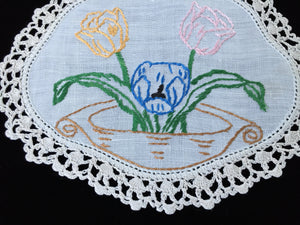 Vintage Hand Embroidered Off-white Linen Doily with a Basket of Tulips and  Ivory Crocheted Lace Edge