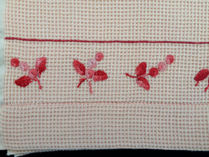 Vintage Hand Embroidered Variegated Pink Flowers Design Pink Waffle Linen Towel