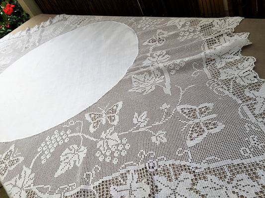 Antique Irish Lace and Linen Tablecloth with Mary Card Designed Filet Crochet Edging "Grapevine and Butterflies" Chart  No. 51" Collectible