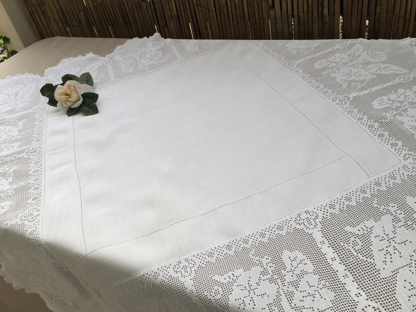 Collectible Antique Irish Lace and Linen Tablecloth with Filet Crochet Edging "Convolvulus" Trumpet Flower Design