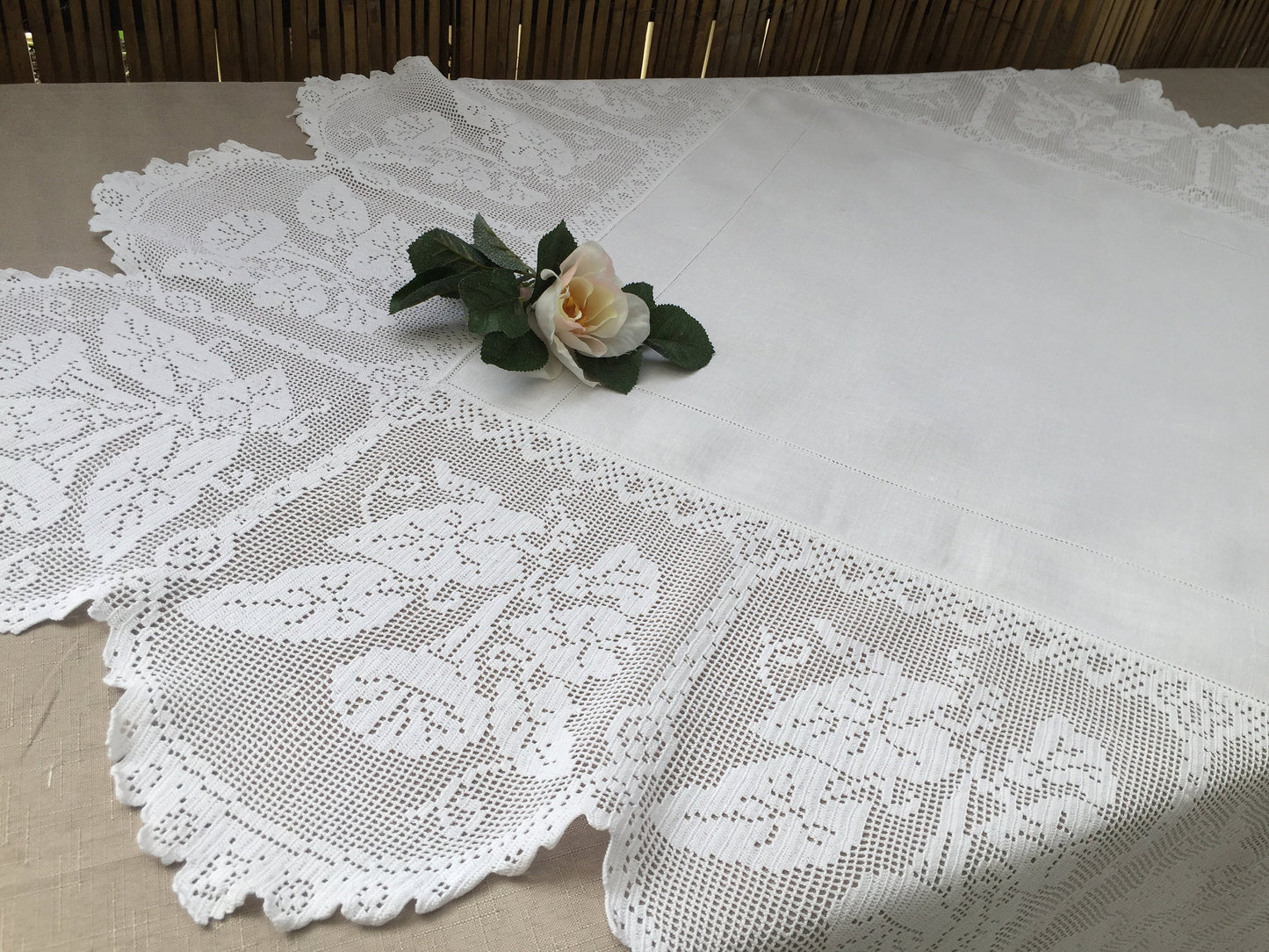 Collectible Antique Irish Lace and Linen Tablecloth with Filet Crochet Edging "Convolvulus" Trumpet Flower Design