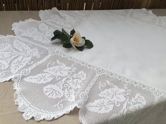 Collectible Antique Irish Lace and Linen Tablecloth with Filet Crochet Edging "Convolvulus" Trumpet Flower Design