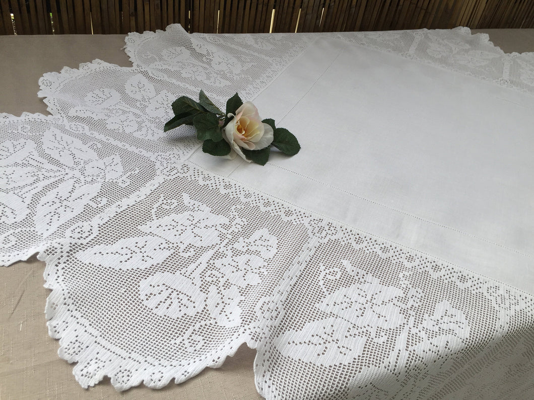 Collectible Antique Irish Lace and Linen Tablecloth with Filet Crochet Edging 