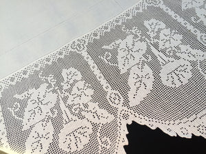 Collectible Antique Irish Lace and Linen Tablecloth with Filet Crochet Edging "Convolvulus" Trumpet Flower Design