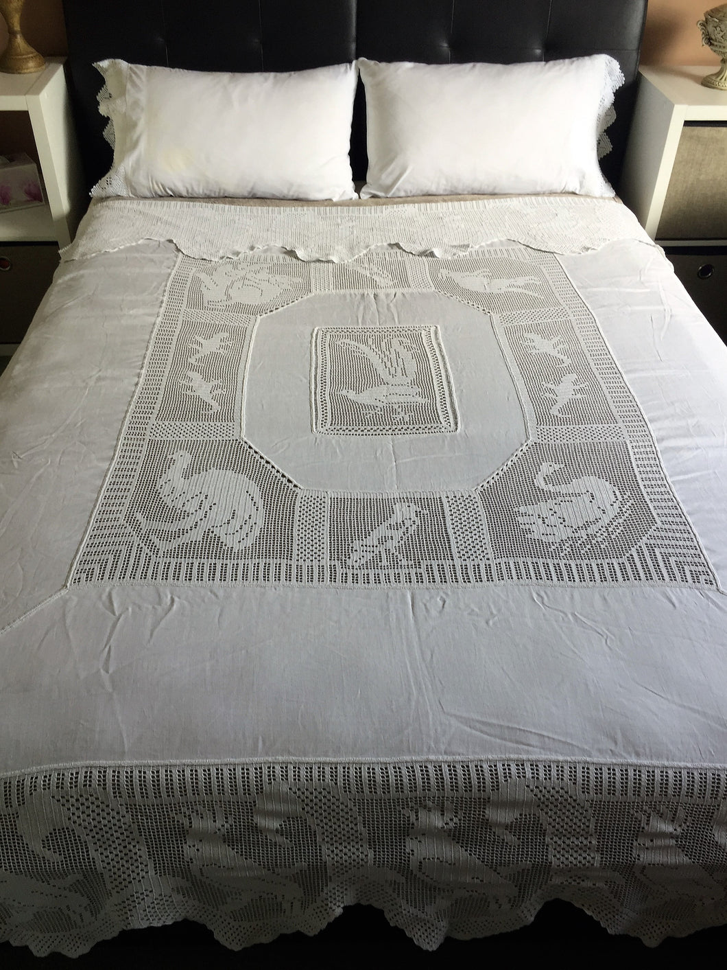 Antique Irish Lace and Linen Bed Cover with Mary Card Designed Filet Crochet Inlays and Edging 