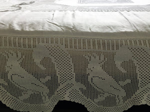Antique Irish Lace and Linen Bed Cover with Mary Card Designed Filet Crochet Inlays and Edging "Australian Animals"