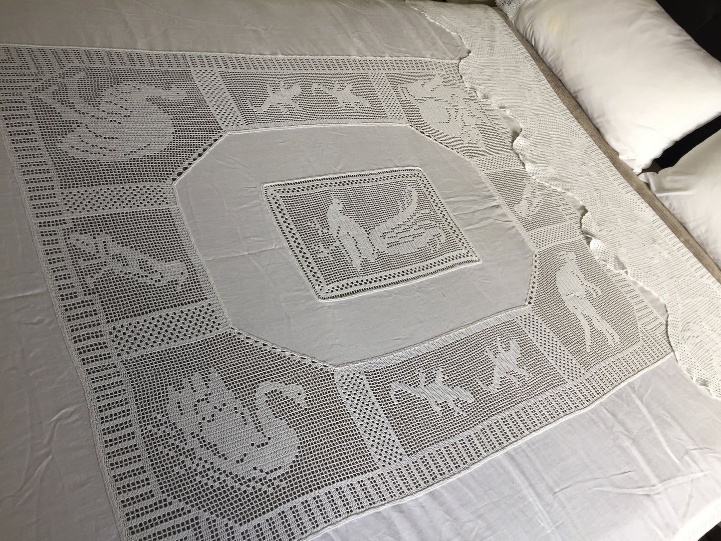 Antique Irish Lace and Linen Bed Cover with Mary Card Designed Filet Crochet Inlays and Edging "Australian Animals"