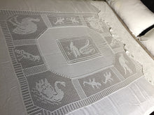 Load image into Gallery viewer, Antique Irish Lace and Linen Bed Cover with Mary Card Designed Filet Crochet Inlays and Edging &quot;Australian Animals&quot;