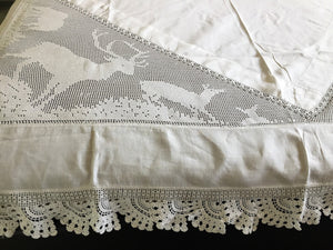 Stag Lace Antique Linen Bed Cover with Filet Crochet Corners and Edging, a Design from "Lady's World Fancy Work" 1911 Issue