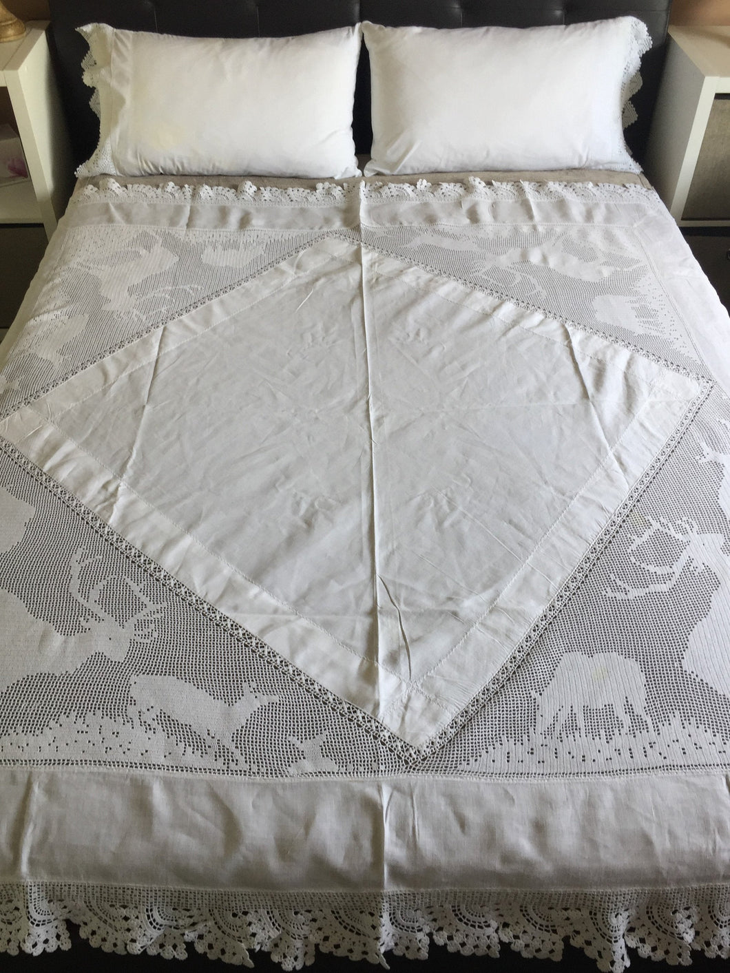 Stag Lace Antique Linen Bed Cover with Filet Crochet Corners and Edging, a Design from 