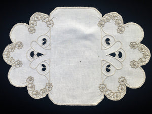 Antique Madeira Hand Embroidered Oval Cutwork White and Ecru Linen Doily or Table Center Mat