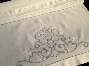 Vintage Embroidered Guest Towel. Large Whitework Ajour Linen Towel