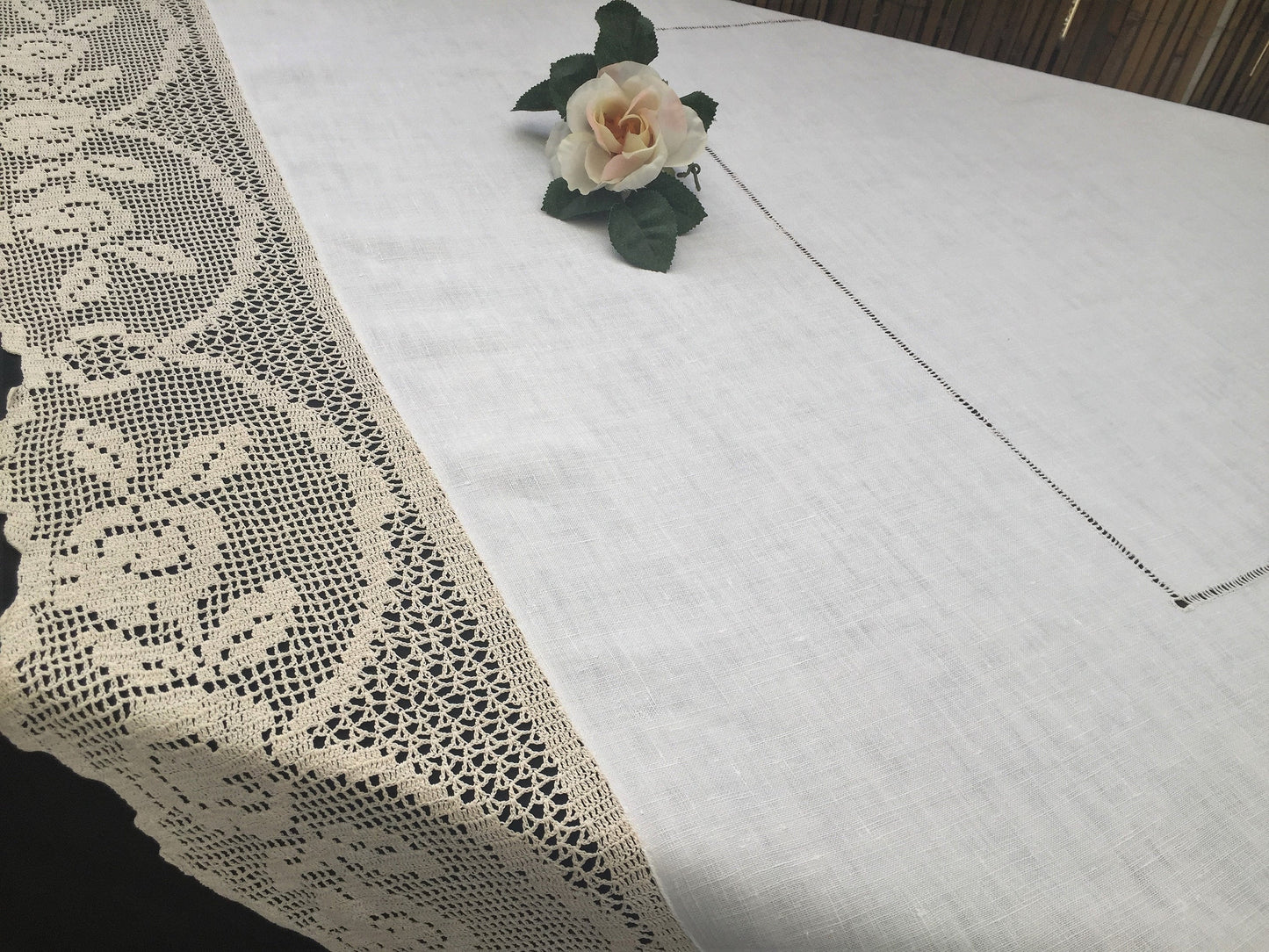 Vintage Irish Lace and Linen Off-white Tablecloth with Beige Filet Crochet Lace Edging