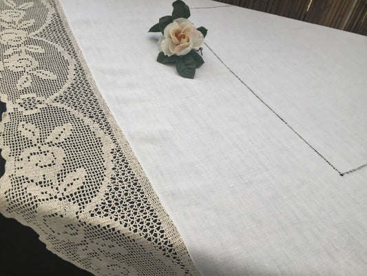 Vintage Irish Lace and Linen Off-white Tablecloth with Beige Filet Crochet Lace Edging