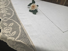 Load image into Gallery viewer, Vintage Irish Lace and Linen Off-white Tablecloth with Beige Filet Crochet Lace Edging