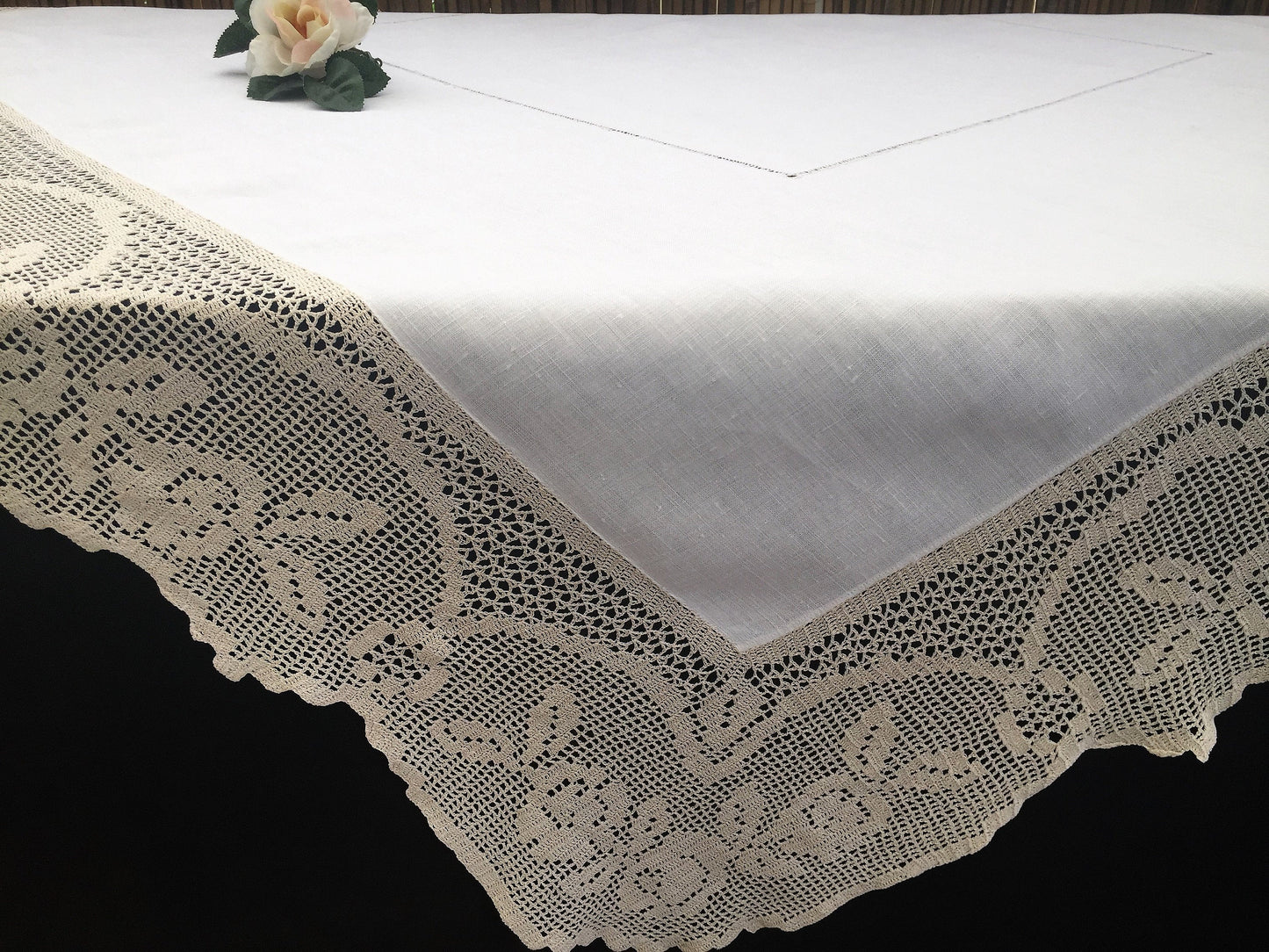 Vintage Irish Lace and Linen Off-white Tablecloth with Beige Filet Crochet Lace Edging