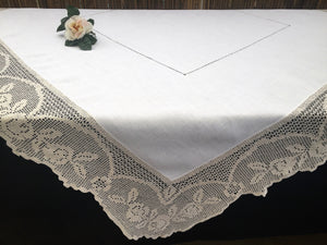 Vintage Irish Lace and Linen Off-white Tablecloth with Beige Filet Crochet Lace Edging
