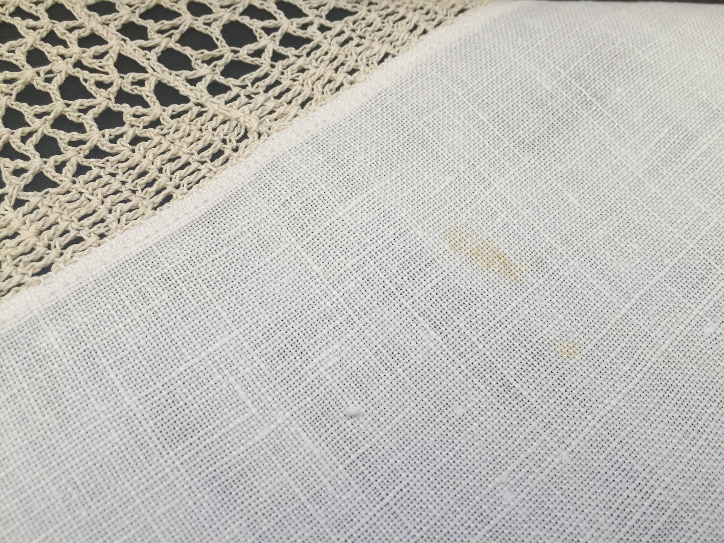 Vintage Irish Lace and Linen Off-white Tablecloth with Beige Filet Crochet Lace Edging