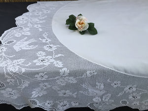 Wild Rose and Pigeon Vintage Collectible Irish Lace and Linen Tablecloth with Mary Card Designed Filet Crochet Edging