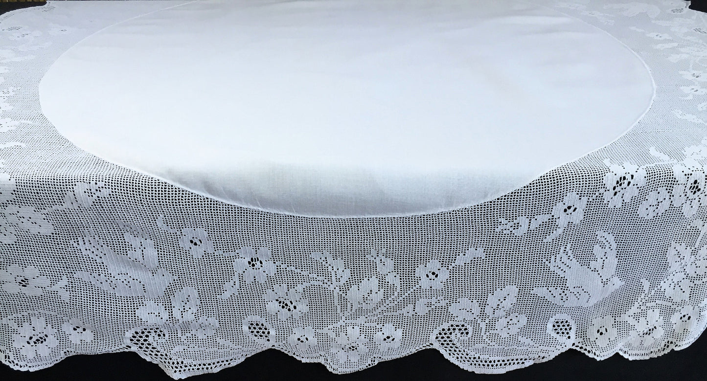 Wild Rose and Pigeon Vintage Collectible Irish Lace and Linen Tablecloth with Mary Card Designed Filet Crochet Edging
