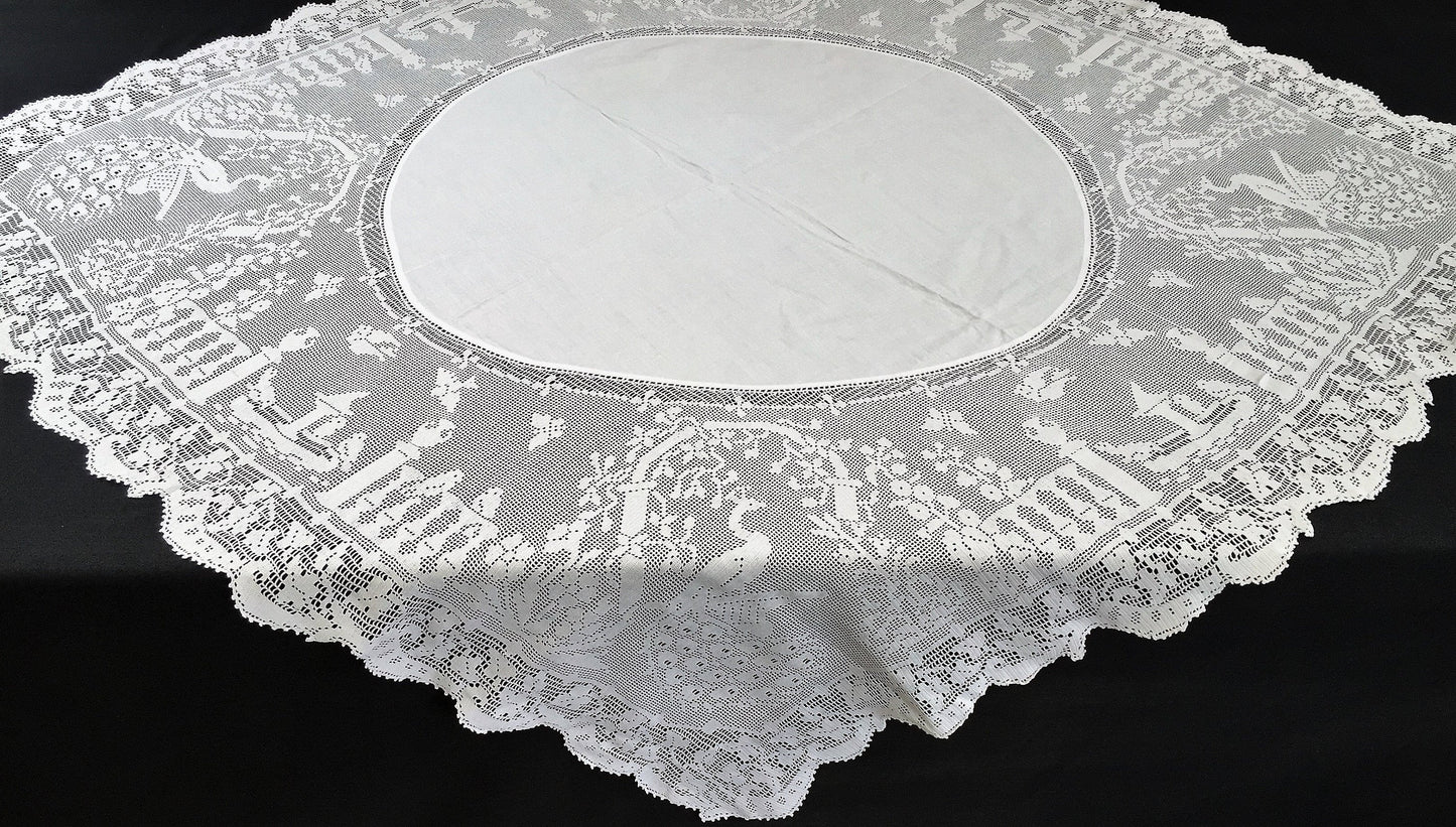 Mary Card "The Garden" Crochet Lace and Irish Linen Collectible Vintage Tablecloth with Peacocks in the Garden Chart No. 68