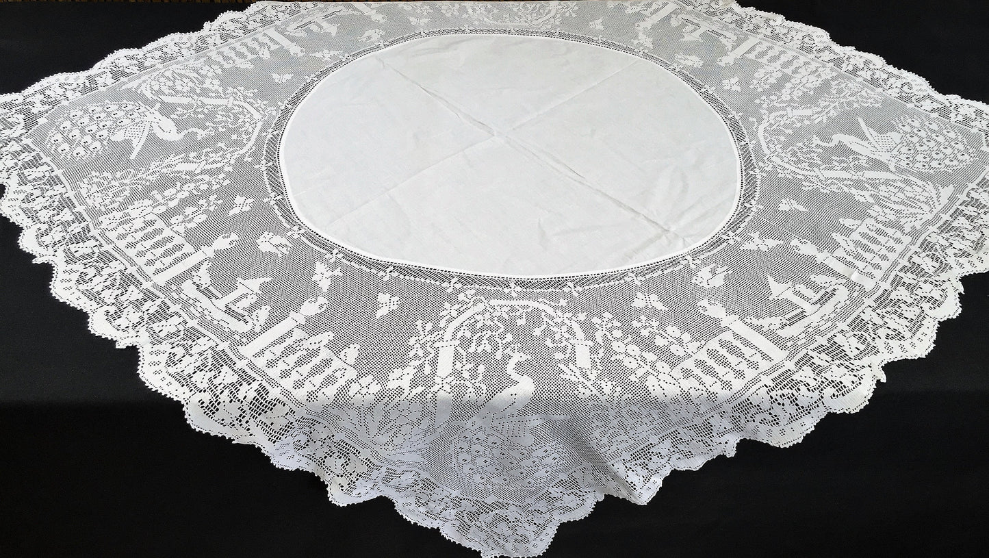 Mary Card "The Garden" Crochet Lace and Irish Linen Collectible Vintage Tablecloth with Peacocks in the Garden Chart No. 68