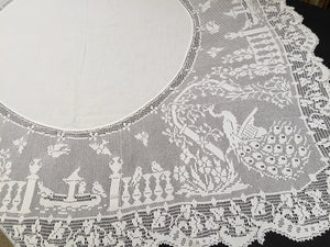 Mary Card "The Garden" Crochet Lace and Irish Linen Collectible Vintage Tablecloth with Peacocks in the Garden Chart No. 68