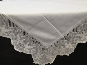 Vintage Irish Damask Linen Tablecloth with Maple Leaf Patterned Deep Filet Crochet Edging