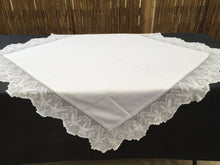 Load image into Gallery viewer, Vintage Irish Damask Linen Tablecloth with Maple Leaf Patterned Deep Filet Crochet Edging