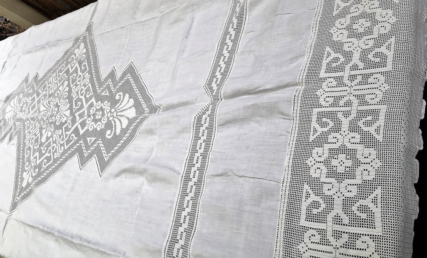 Large Oblong Vintage Irish Linen and Art Deco Off-White Filet Crochet Inlay and Edging
