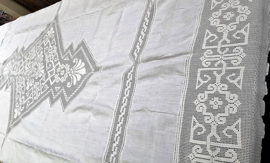Large Oblong Vintage Irish Linen and Art Deco Off-White Filet Crochet Inlay and Edging