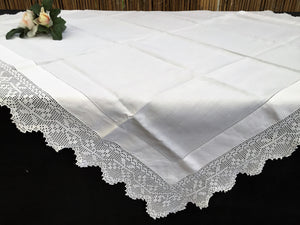 Vintage Ajour Openwork Embroidered Irish Linen Tablecloth with Deep Floral Filet Crochet Edging