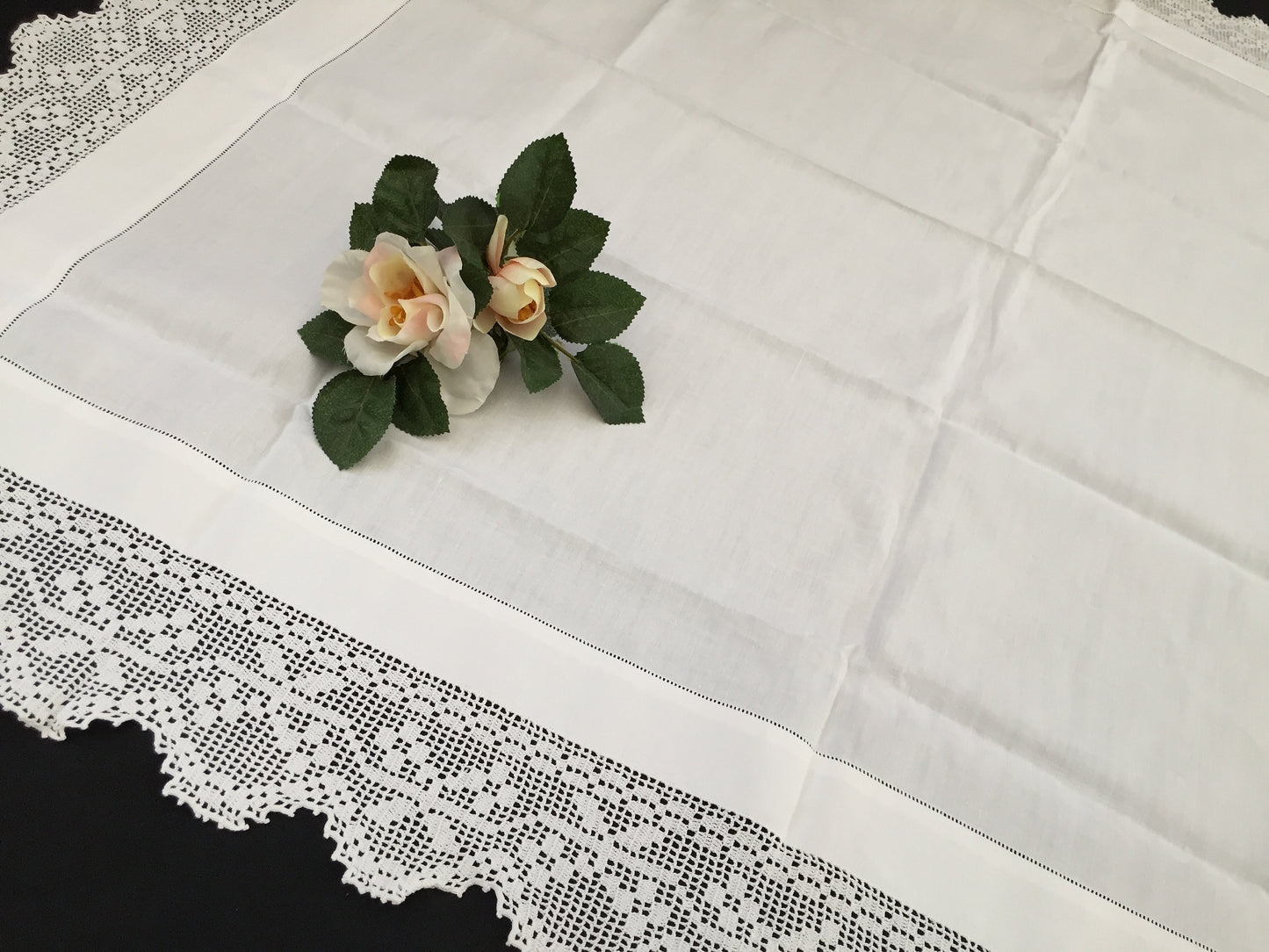 Vintage Ajour Openwork Embroidered Irish Linen Tablecloth with Deep Floral Filet Crochet Edging