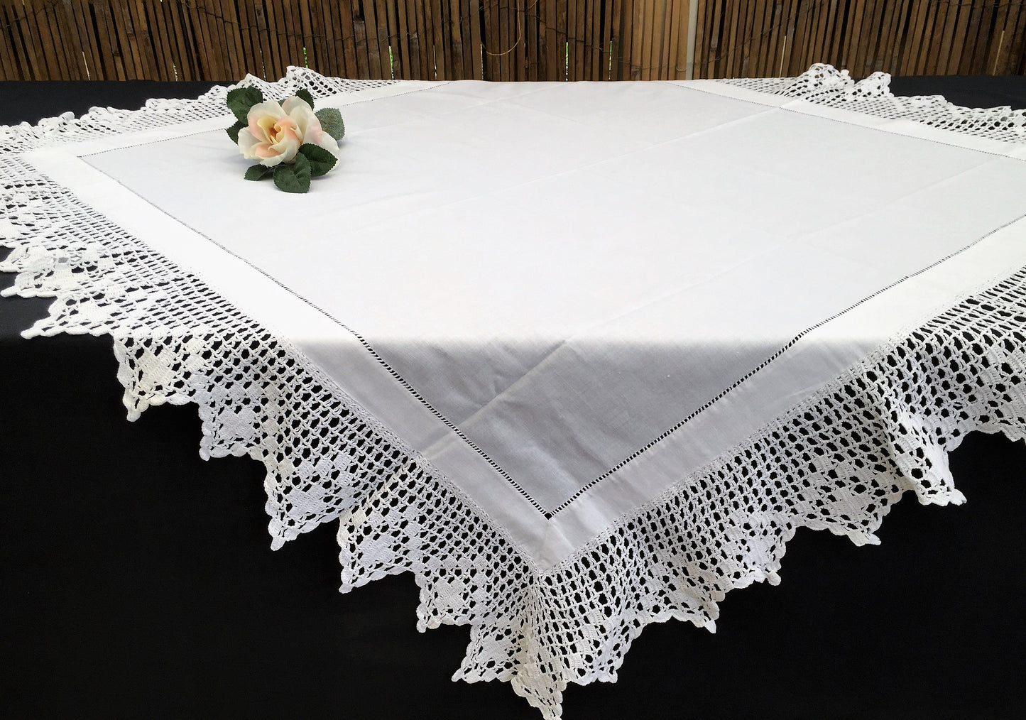 Vintage Embroidered Irish Linen Tablecloth with Filet Crochet Edging