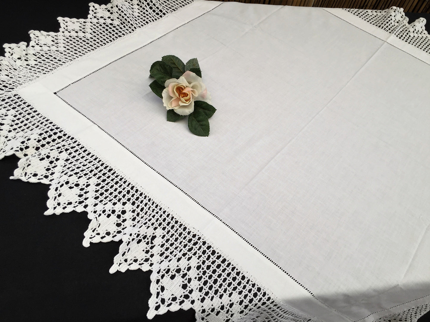 Vintage Embroidered Irish Linen Tablecloth with Filet Crochet Edging