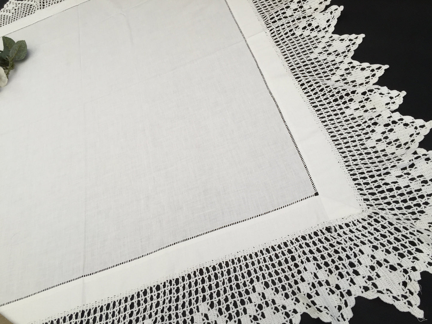Vintage Embroidered Irish Linen Tablecloth with Filet Crochet Edging