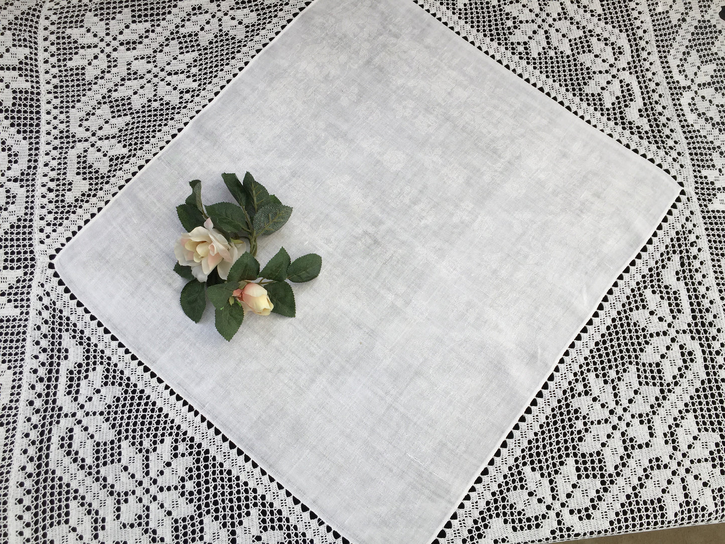 Vintage Irish Art Nouveau Style Damask Linen Tablecloth with Deep Filet Crochet Lace Edging