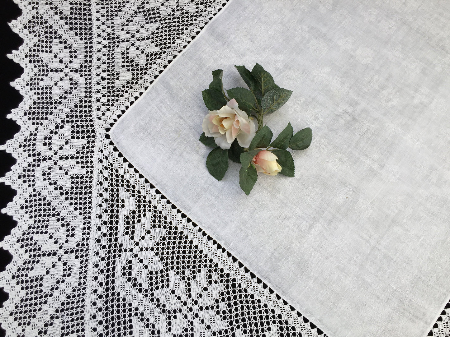 Vintage Irish Art Nouveau Style Damask Linen Tablecloth with Deep Filet Crochet Lace Edging