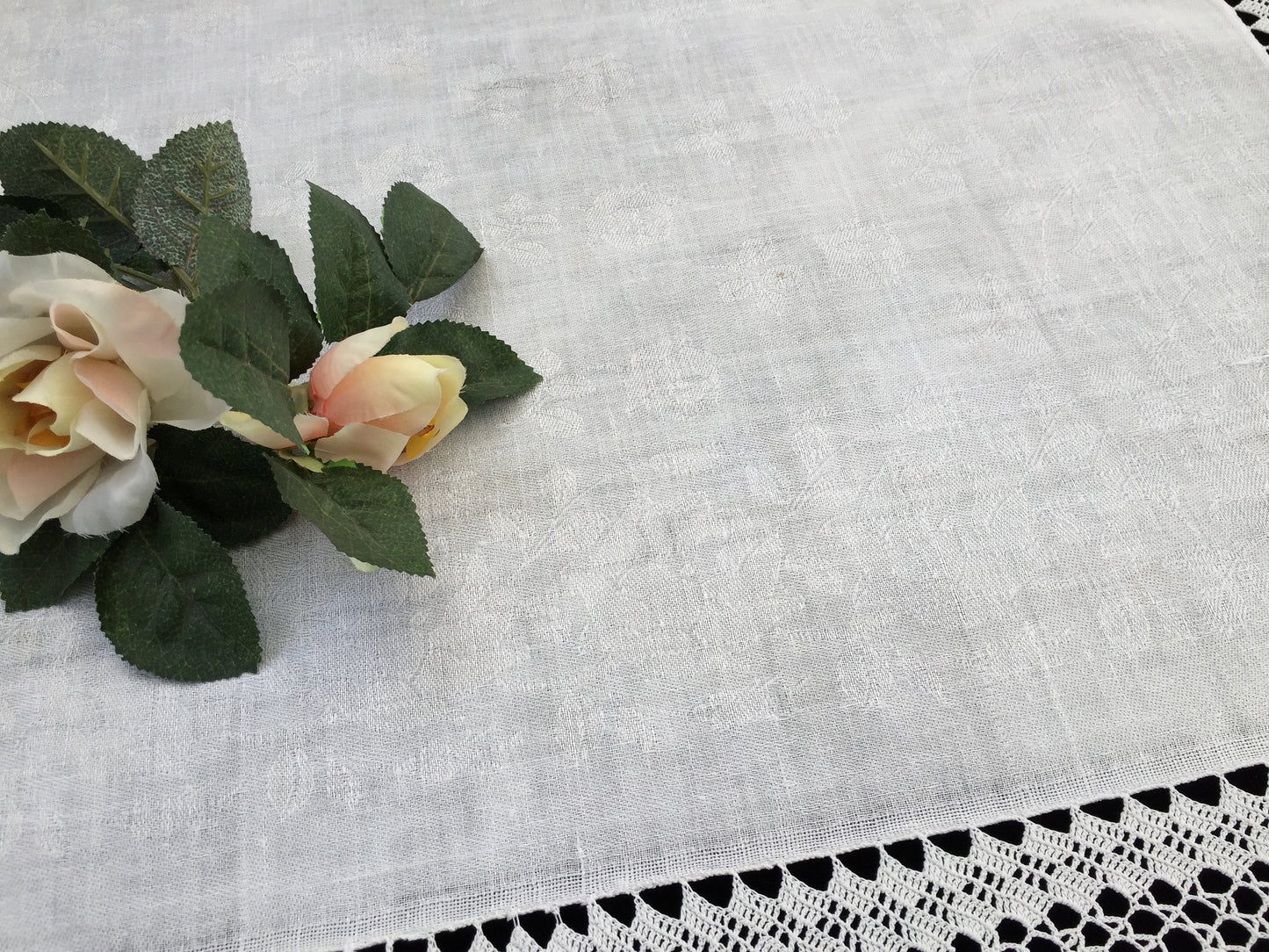 Vintage Irish Art Nouveau Style Damask Linen Tablecloth with Deep Filet Crochet Lace Edging
