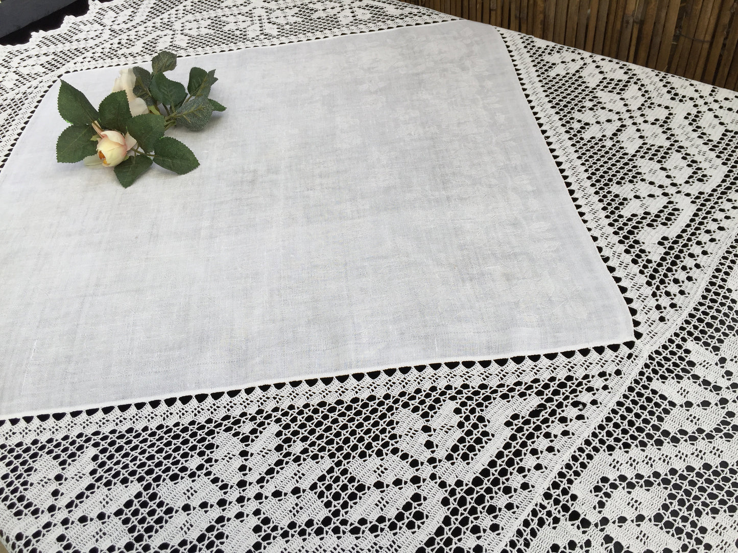 Vintage Irish Art Nouveau Style Damask Linen Tablecloth with Deep Filet Crochet Lace Edging