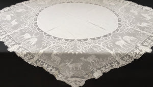 Collectible Vintage Irish Lace and Linen Tablecloth with Mary Card Designed Filet Crochet Edging "Woodland Animals"