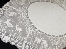 Load image into Gallery viewer, Collectible Vintage Irish Lace and Linen Tablecloth with Mary Card Designed Filet Crochet Edging &quot;Woodland Animals&quot;