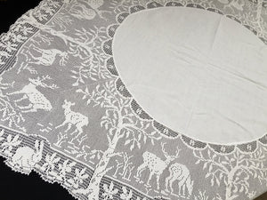 Collectible Vintage Irish Lace and Linen Tablecloth with Mary Card Designed Filet Crochet Edging "Woodland Animals"