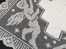 Load image into Gallery viewer, Irish Linen Tablecloth Unused Vintage with Cherubs Design on Deep Filet Lace Edging