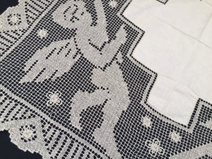 Irish Linen Tablecloth Unused Vintage with Cherubs Design on Deep Filet Lace Edging