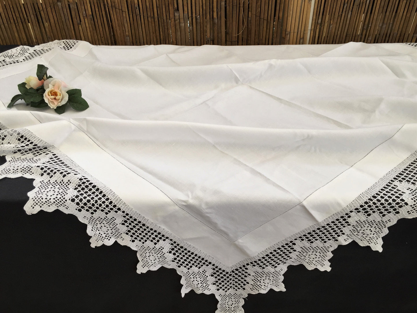 Antique Ajour Openwork Embroidered Irish Linen Tablecloth with Deep Floral Filet Crochet Edging