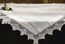 Load image into Gallery viewer, Antique Ajour Openwork Embroidered Irish Linen Tablecloth with Deep Floral Filet Crochet Edging