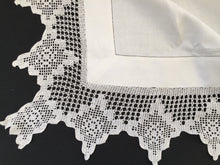 Load image into Gallery viewer, Antique Ajour Openwork Embroidered Irish Linen Tablecloth with Deep Floral Filet Crochet Edging
